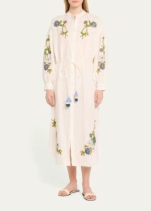 Image of sale on Everly Tassel-tie Embroidered Linen Midi Dress