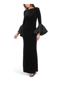 Image of sale on Floral Applique Velvet Gown with Bell Sleeves