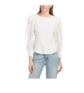 Image of sale on Three-quarter Lace Sleeve Crew Neck Top