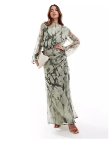 Image of sale on Ruched Drape Detail Maxi Dress in Green Marble Print