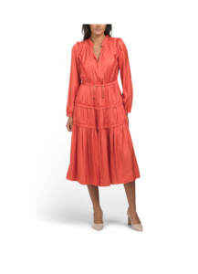 Image of sale on Whisper Woven Split Neck Ruffle Midi Dress