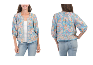 Image of sale on Three-quarter Blouson Sleeve Open Front Printed Woven Jacket