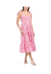 Image of sale on Tie Shoulder Smocked Top Floral Midi Dress