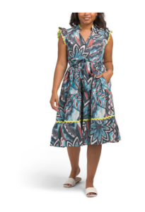 Image of sale on Palm Print Ribbon Trim Midi Dress with Belt