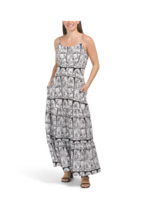 Image of sale on Linen Blend Sleeveless Stamp Print Maxi Dress