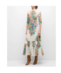Image of sale on Bouquet Floral-print 3/4-sleeve Cotton Maxi Dress
