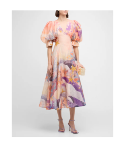 Image of sale on Lara Puff-sleeve Coral-print Maxi Dress