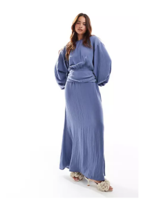 Image of sale on High Neck Batwing Ruched Waist Satin Maxi Dress in Slate Blue