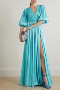 Image of sale on Brennie Belted Metallic Plissé-lamé Gown