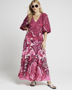 Image of sale on Pink Abstract Puff Sleeve Smock Maxi Dress