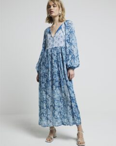 Image of sale on Blue Floral Glitter Detail Smock Maxi Dress