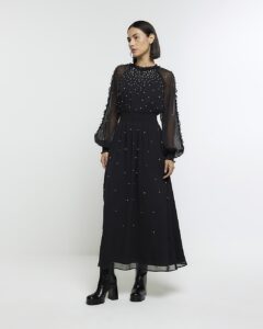 Image of sale on Black Diamante Shirred Swing Midi Dress