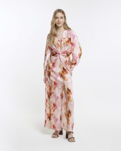 Image of sale on Pink Marble Print Twist Front Midi Dress
