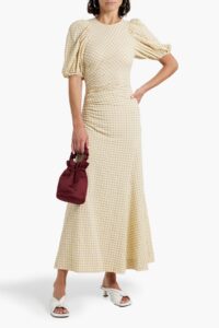 Image of sale on Ruched Gingham Seersucker Maxi Dress