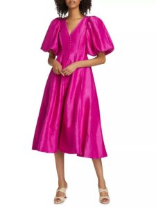 Image of sale on Dusk Linen-blend Puff-sleeve Midi-dress