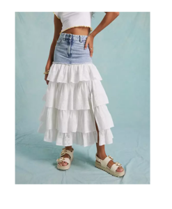 Image of sale on Eyelet Contrast Denim Maxi Skirt in Mid Blue Wash