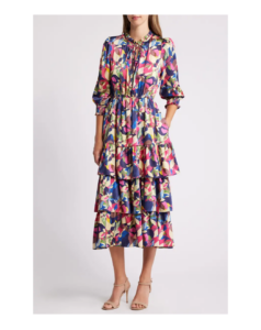Image of sale on Floral Tiered Satin Maxi Dress
