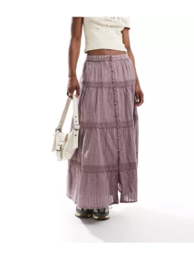 Image of sale on Washed Lace Insert Prairie Maxi Skirt in Washed Lilac