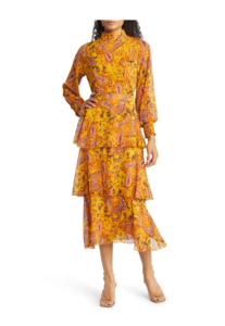 Image of sale on Paisley Long Sleeve Tiered Chiffon Midi Dress
