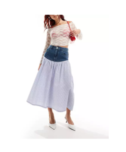 Image of sale on Urban Revivo Stripe Spliced Denim Midaxi Skirt in Blue