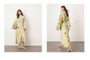 Image of sale on Satin Volume Blouson Sleeve Satin Midi Dress in Large Floral Print
