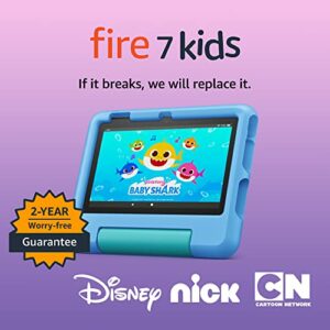 Image of sale on Amazon Fire 7 Kids Tablet, Ages 3-7. Top-selling 7″ Kids Tablet on Amazon – 2022 | Ad-free Content with Parental Controls Included, 10-hr Battery, 16 Gb, Blue