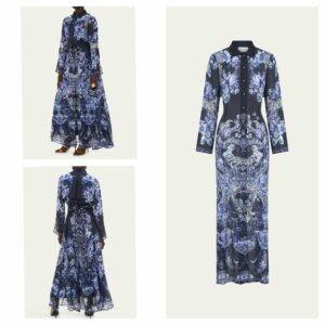 Image of sale on Delft Dynasty Chiffon Maxi Dress with Cutwork Lace Collar
