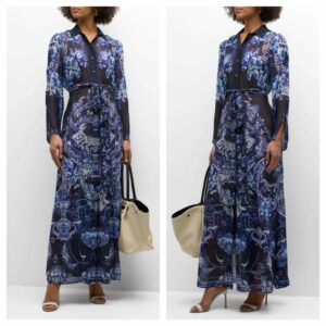 Image of sale on Delft Dynasty Chiffon Maxi Dress with Cutwork Lace Collar