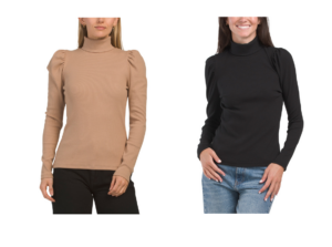 Image of sale on Pima Cotton Blend Long Shirred Sleeve Turtleneck Ribbed Top