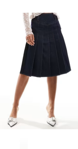 Image of sale on Pleated Denim Knee Length Skirt in Indigo Blue