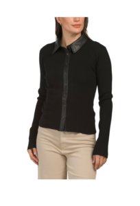 Image of sale on Ribbed Knit Shirt with Faux Leather Trim