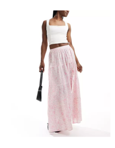 Image of sale on Button Detail Tiered Maxi Skirt in Pink Floral