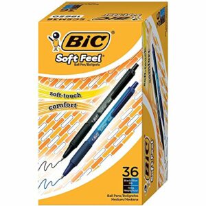 Image of sale on Bic Soft Feel Assorted Colors Retractable Ballpoint Pens, Medium Point (1.0mm), 36-count Pack, Black and Blue Pens with Soft-touch Comfort Grip, Perfect Color Pens for Note Taking