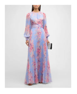 Image of sale on Pleated Floral-print Blouson-sleeve Gown