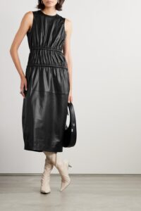 Image of sale on Tiered Gathered Faux Leather Midi Dress
