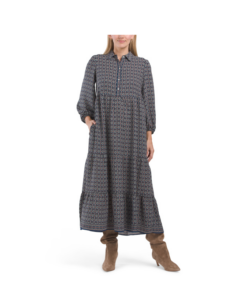 Image of sale on Three-quarter Sleeve Collar Button Front Tiered Maxi Dress