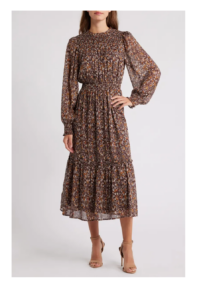 Image of sale on Smocked Tiered Long Sleeve Midi Dress