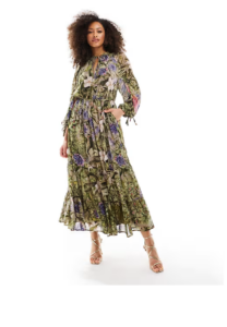 Image of sale on Midaxi Dress with Ruched Tie Volume Sleeves and Tiered Hem in Floral Leaf Print