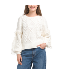Image of sale on Chunky Fringed Cable Knit Mixed Sweater
