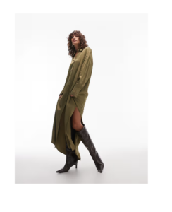 Image of sale on Satin Maxi Shirt Dress with Step Hem in Khaki