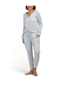 Image of sale on 2pc Split Neck Top and Star Print Bottoms Pajama Set