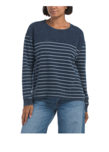 Image of sale on Denim Wide Striped Long Sleeve Crew Neck Pull over Sweater