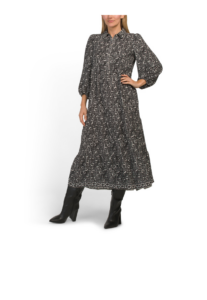 Image of sale on Three-quarter Sleeve Collar Button Front Tiered Maxi Dress