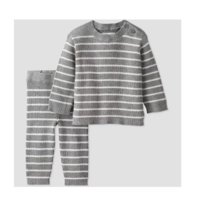 Image of sale on Baby Knit Striped Pullover Sweater & Pull-on Pants Set – Gray