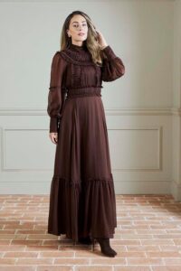 Image of sale on Lydia Millen Pleat Crinkle High Neck Drama Sleeve Woven Midaxi Dress