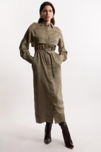 Image of sale on Slub Organdie Woven Utility Midi Dress with Button Sleeve Detail