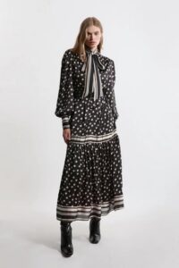 Image of sale on Petite Polka Dot Woven Balloon Sleeve Belted Midaxi Dress