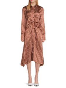Image of sale on Print Ruched Satin Midi Dress