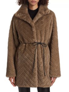 Image of sale on Amia Chevron Faux-fur Tie-waist Coat