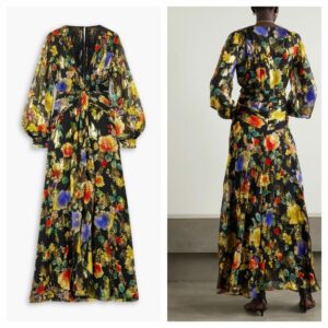Image of sale on Meera Gathered Floral-print Metallic Fil Coupé Silk-blend Maxi Dress